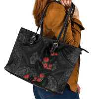 Hawaiian Taro Leaves and Ohia Lehua Leather Tote Bag Polynesian Tribal Art Tropical Plants Motifs Grayscale