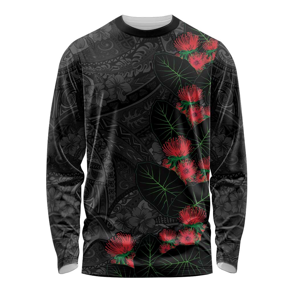 Hawaiian Taro Leaves and Ohia Lehua Long Sleeve Shirt Polynesian Tribal Art Tropical Plants Motifs Grayscale