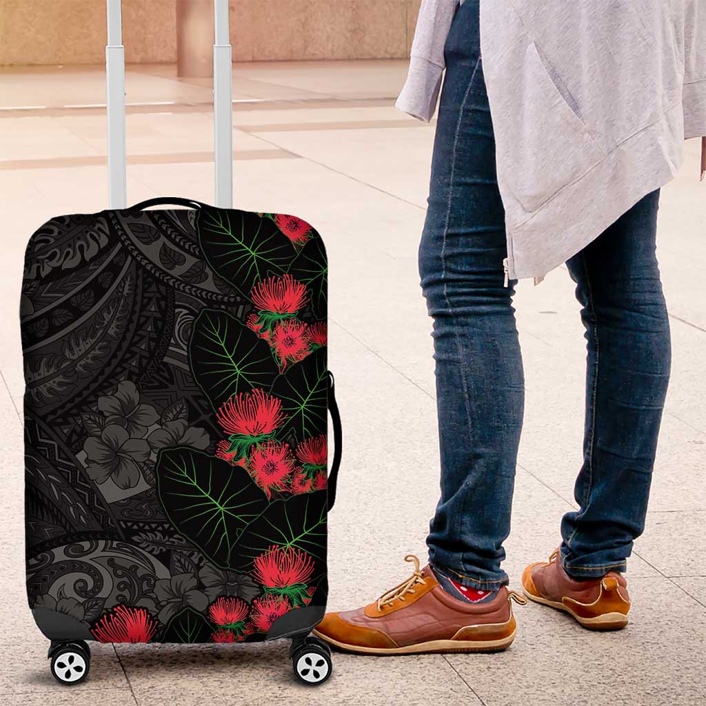 Hawaiian Taro Leaves and Ohia Lehua Luggage Cover Polynesian Tribal Art Tropical Plants Motifs Grayscale