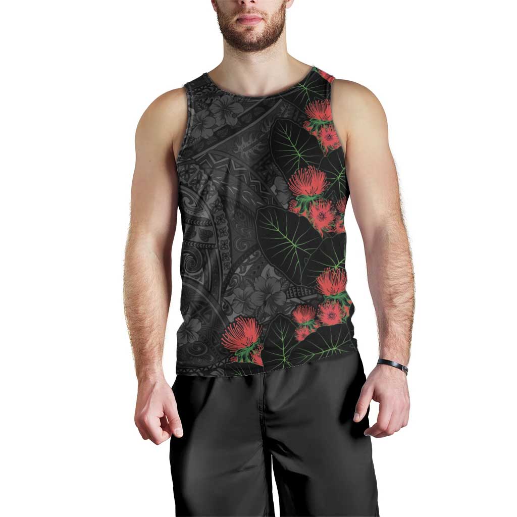Hawaiian Taro Leaves and Ohia Lehua Men Tank Top Polynesian Tribal Art Tropical Plants Motifs Grayscale LT03 - Polynesian Pride