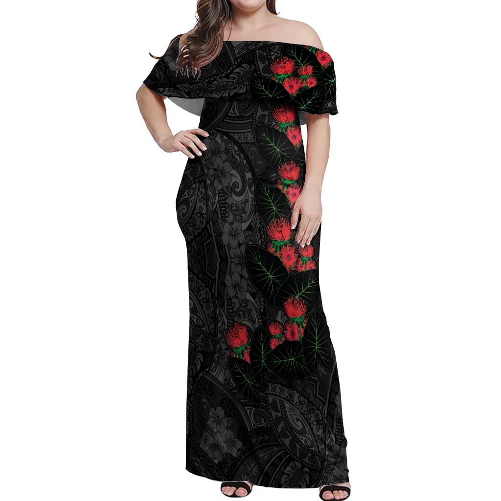 Hawaiian Taro Leaves and Ohia Lehua Off Shoulder Maxi Dress Polynesian Tribal Art Tropical Plants Motifs Grayscale
