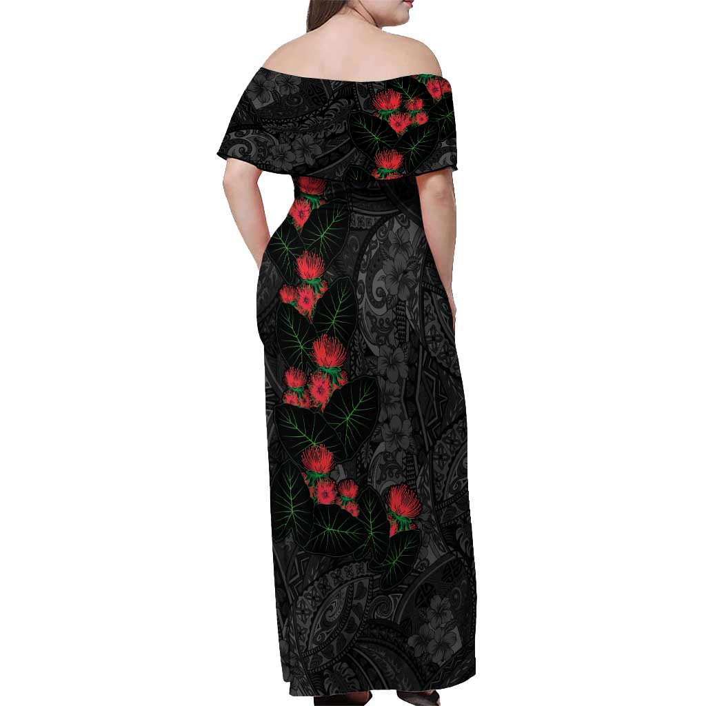 Hawaiian Taro Leaves and Ohia Lehua Off Shoulder Maxi Dress Polynesian Tribal Art Tropical Plants Motifs Grayscale