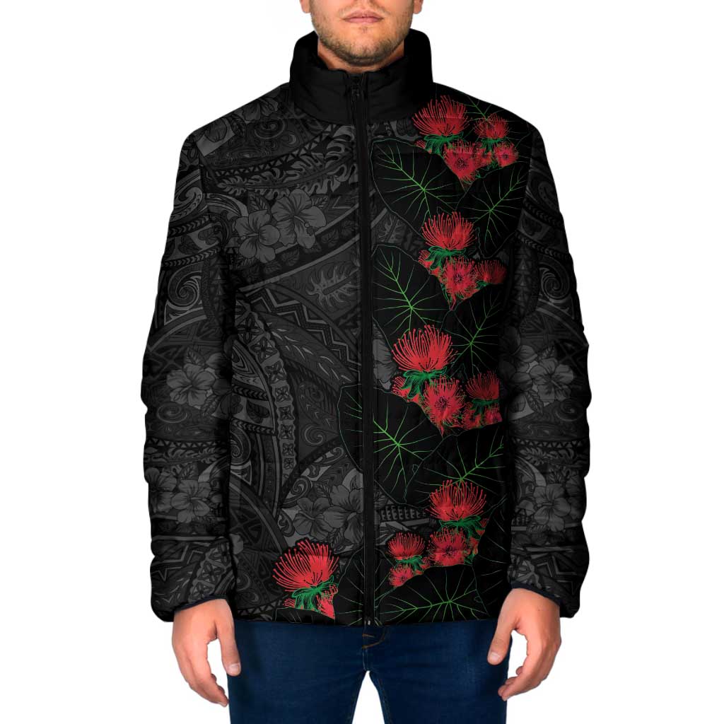 Hawaiian Taro Leaves and Ohia Lehua Padded Jacket Polynesian Tribal Art Tropical Plants Motifs Grayscale