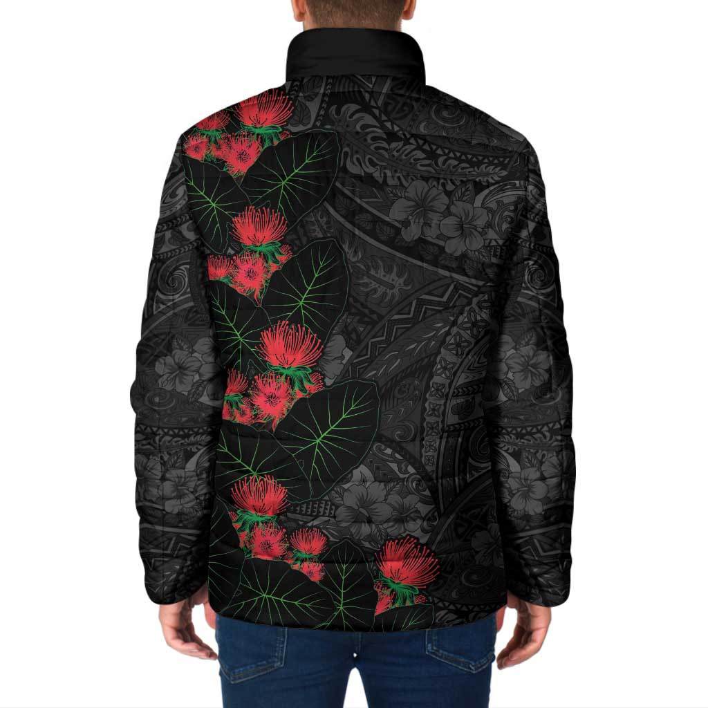 Hawaiian Taro Leaves and Ohia Lehua Padded Jacket Polynesian Tribal Art Tropical Plants Motifs Grayscale