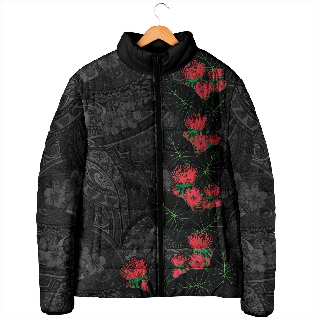 Hawaiian Taro Leaves and Ohia Lehua Padded Jacket Polynesian Tribal Art Tropical Plants Motifs Grayscale