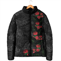 Hawaiian Taro Leaves and Ohia Lehua Padded Jacket Polynesian Tribal Art Tropical Plants Motifs Grayscale