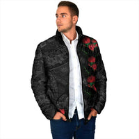Hawaiian Taro Leaves and Ohia Lehua Padded Jacket Polynesian Tribal Art Tropical Plants Motifs Grayscale