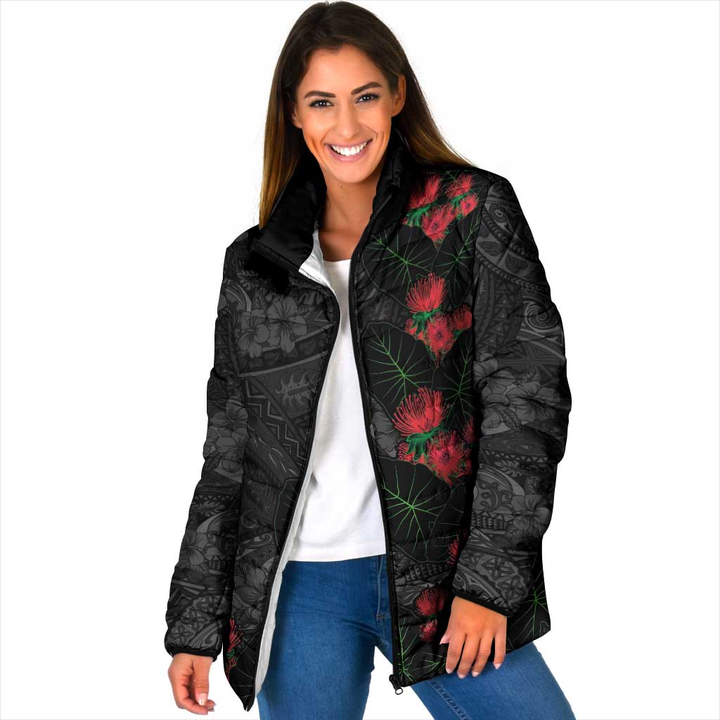 Hawaiian Taro Leaves and Ohia Lehua Padded Jacket Polynesian Tribal Art Tropical Plants Motifs Grayscale