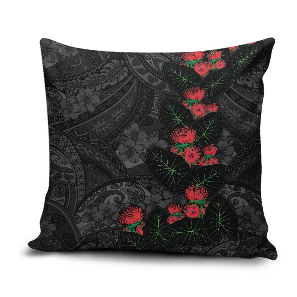 Hawaiian Taro Leaves and Ohia Lehua Pillow Cover Polynesian Tribal Art Tropical Plants Motifs Grayscale