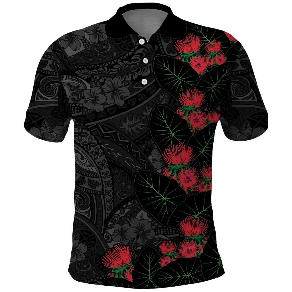 Hawaiian Taro Leaves and Ohia Lehua Polo Shirt Polynesian Tribal Art Tropical Plants Motifs Grayscale