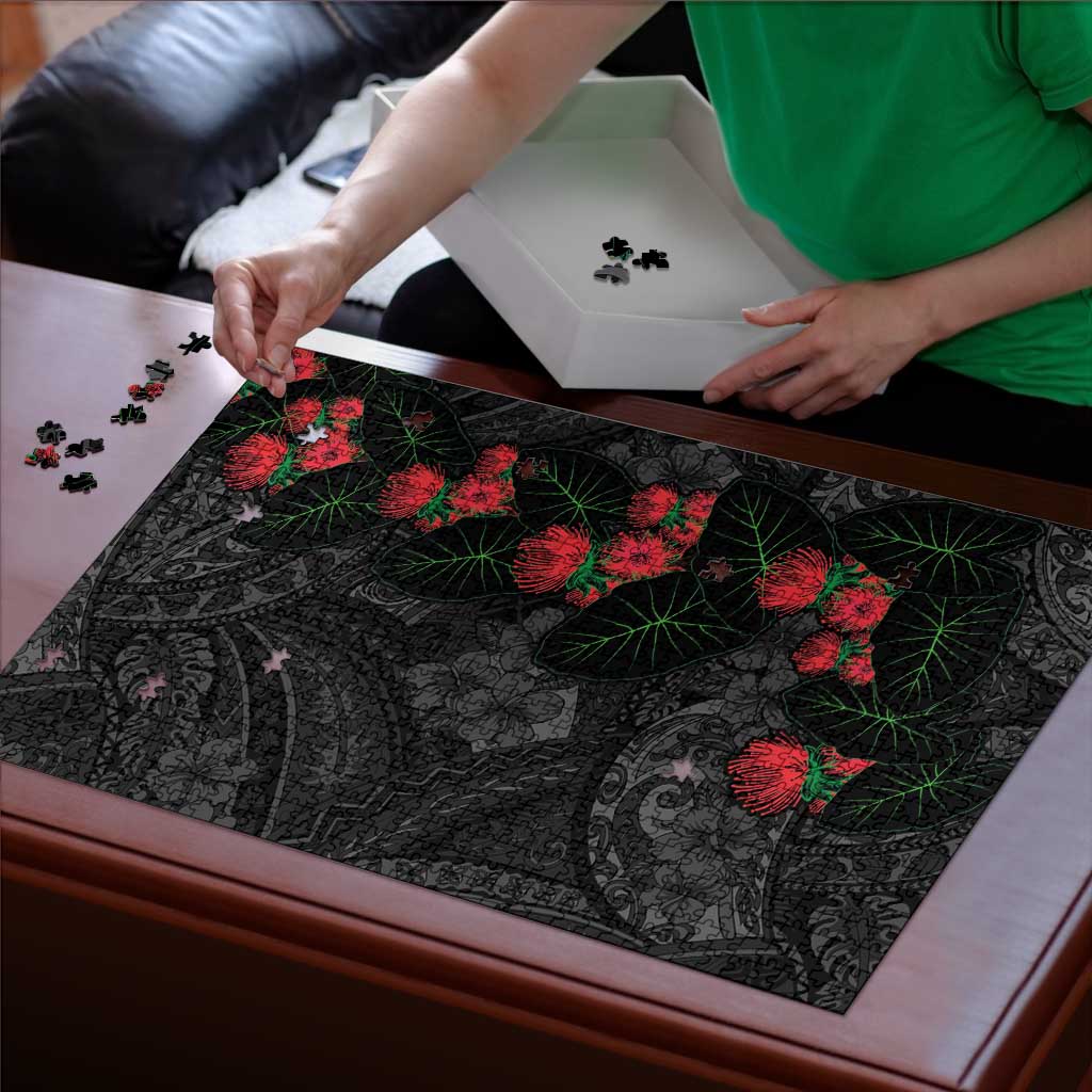 Hawaiian Taro Leaves and Ohia Lehua Puzzle Polynesian Tribal Art Tropical Plants Motifs Grayscale