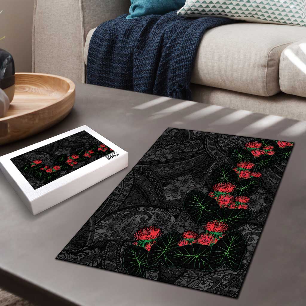 Hawaiian Taro Leaves and Ohia Lehua Puzzle Polynesian Tribal Art Tropical Plants Motifs Grayscale