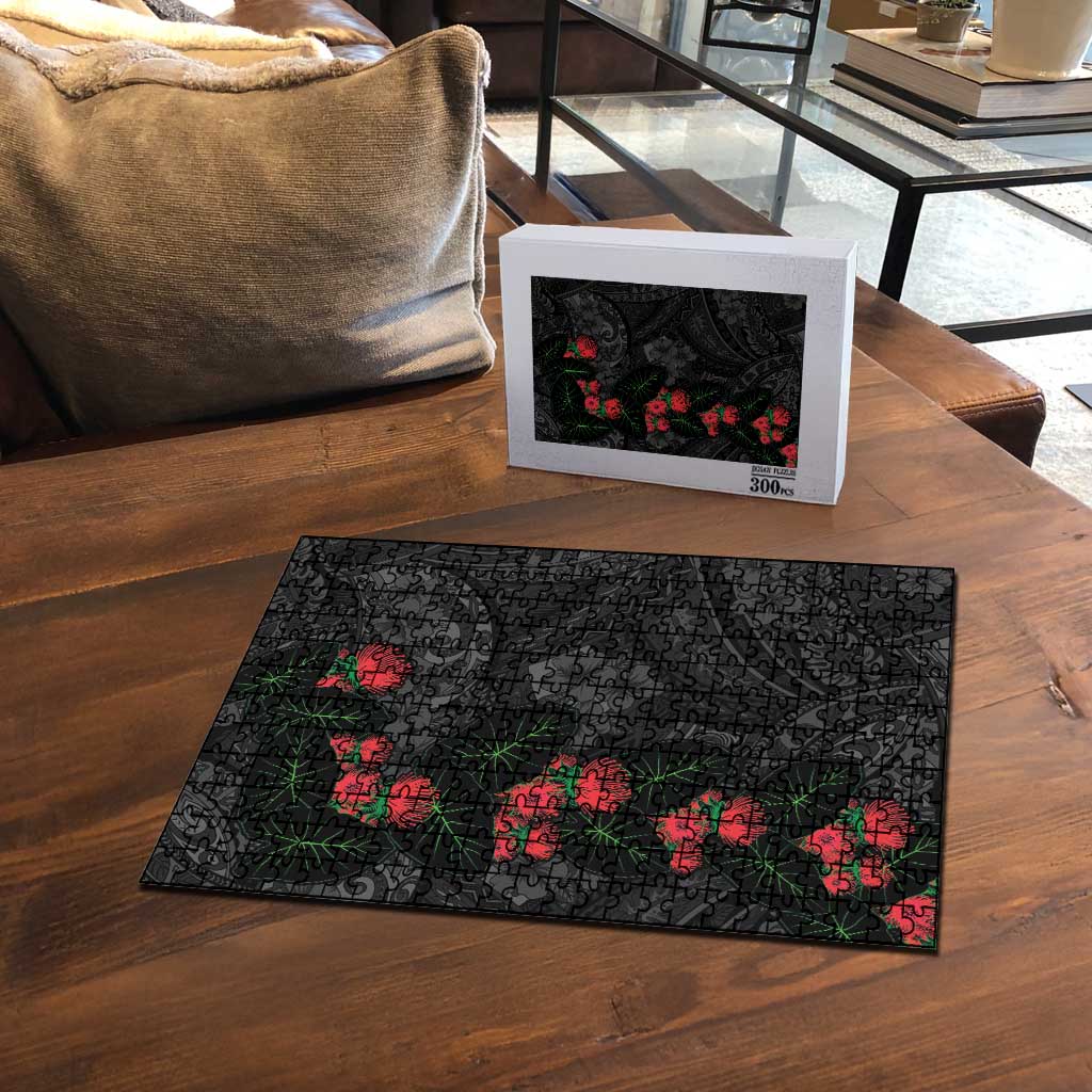 Hawaiian Taro Leaves and Ohia Lehua Puzzle Polynesian Tribal Art Tropical Plants Motifs Grayscale