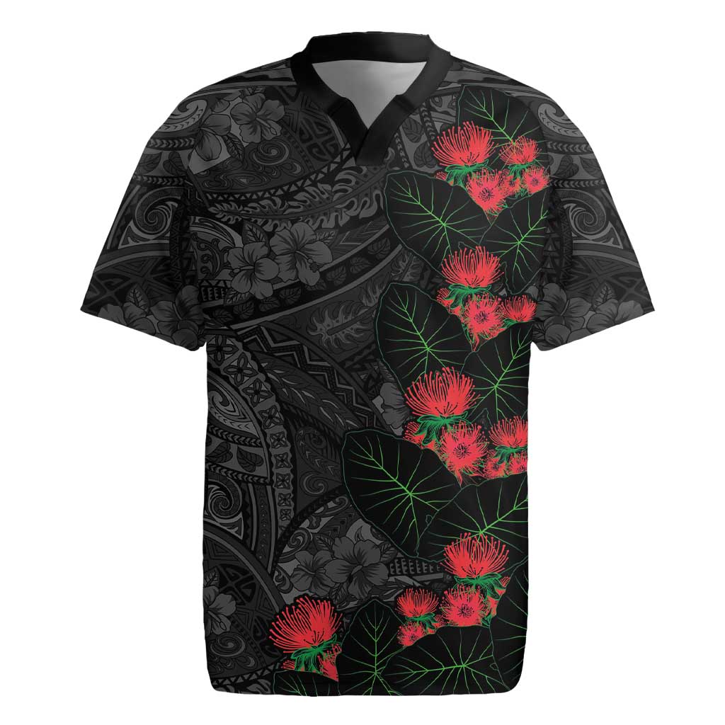 Hawaiian Taro Leaves and Ohia Lehua Rugby Jersey Polynesian Tribal Art Tropical Plants Motifs Grayscale