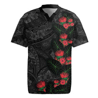 Hawaiian Taro Leaves and Ohia Lehua Rugby Jersey Polynesian Tribal Art Tropical Plants Motifs Grayscale