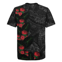 Hawaiian Taro Leaves and Ohia Lehua Rugby Jersey Polynesian Tribal Art Tropical Plants Motifs Grayscale