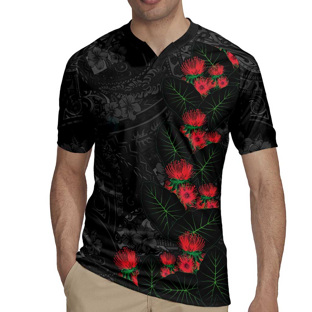 Hawaiian Taro Leaves and Ohia Lehua Rugby Jersey Polynesian Tribal Art Tropical Plants Motifs Grayscale
