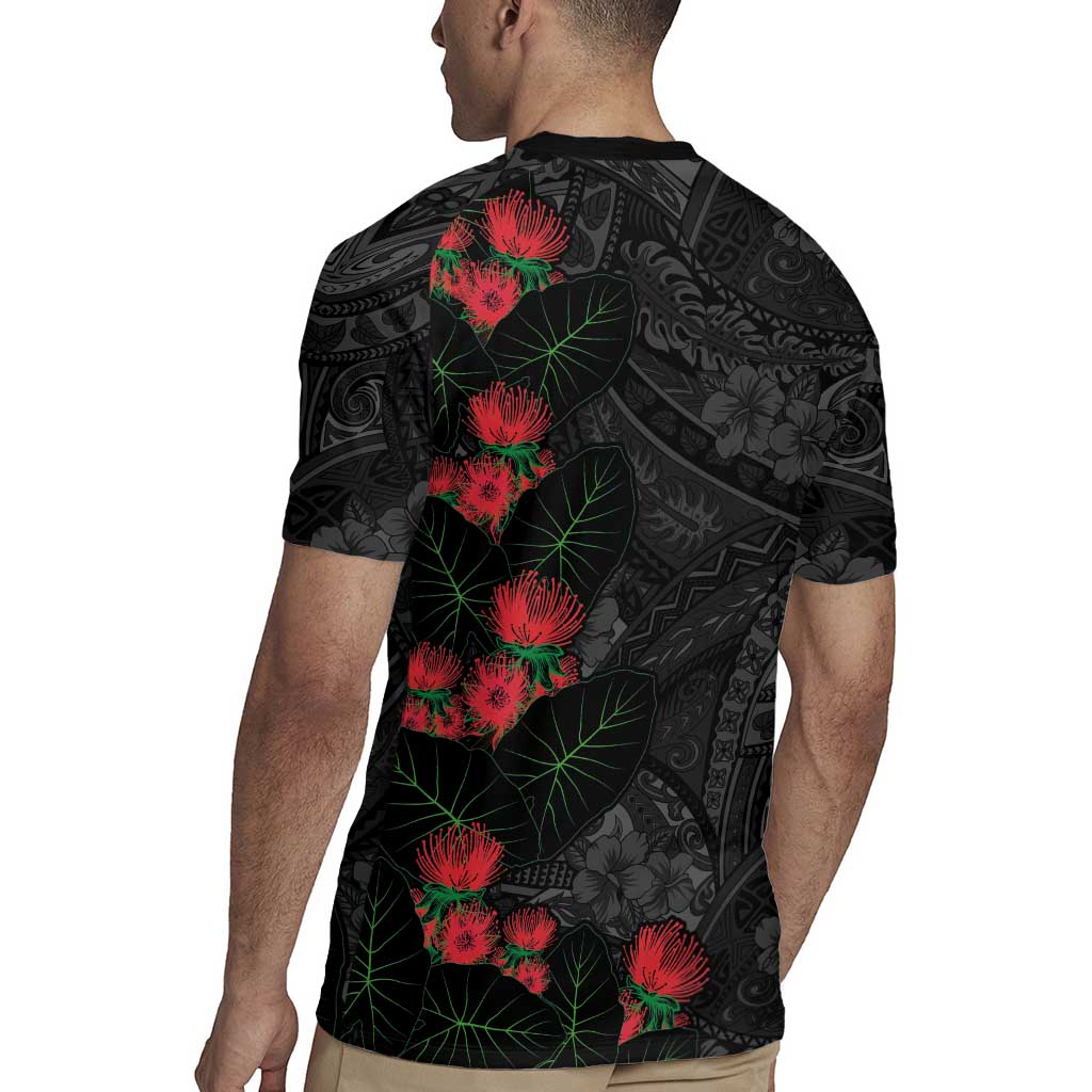 Hawaiian Taro Leaves and Ohia Lehua Rugby Jersey Polynesian Tribal Art Tropical Plants Motifs Grayscale