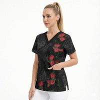 Hawaiian Taro Leaves and Ohia Lehua Scrub Top Polynesian Tribal Art Tropical Plants Motifs Grayscale