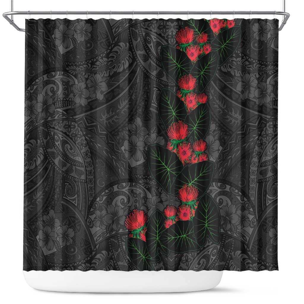 Hawaiian Taro Leaves and Ohia Lehua Shower Curtain Polynesian Tribal Art Tropical Plants Motifs Grayscale