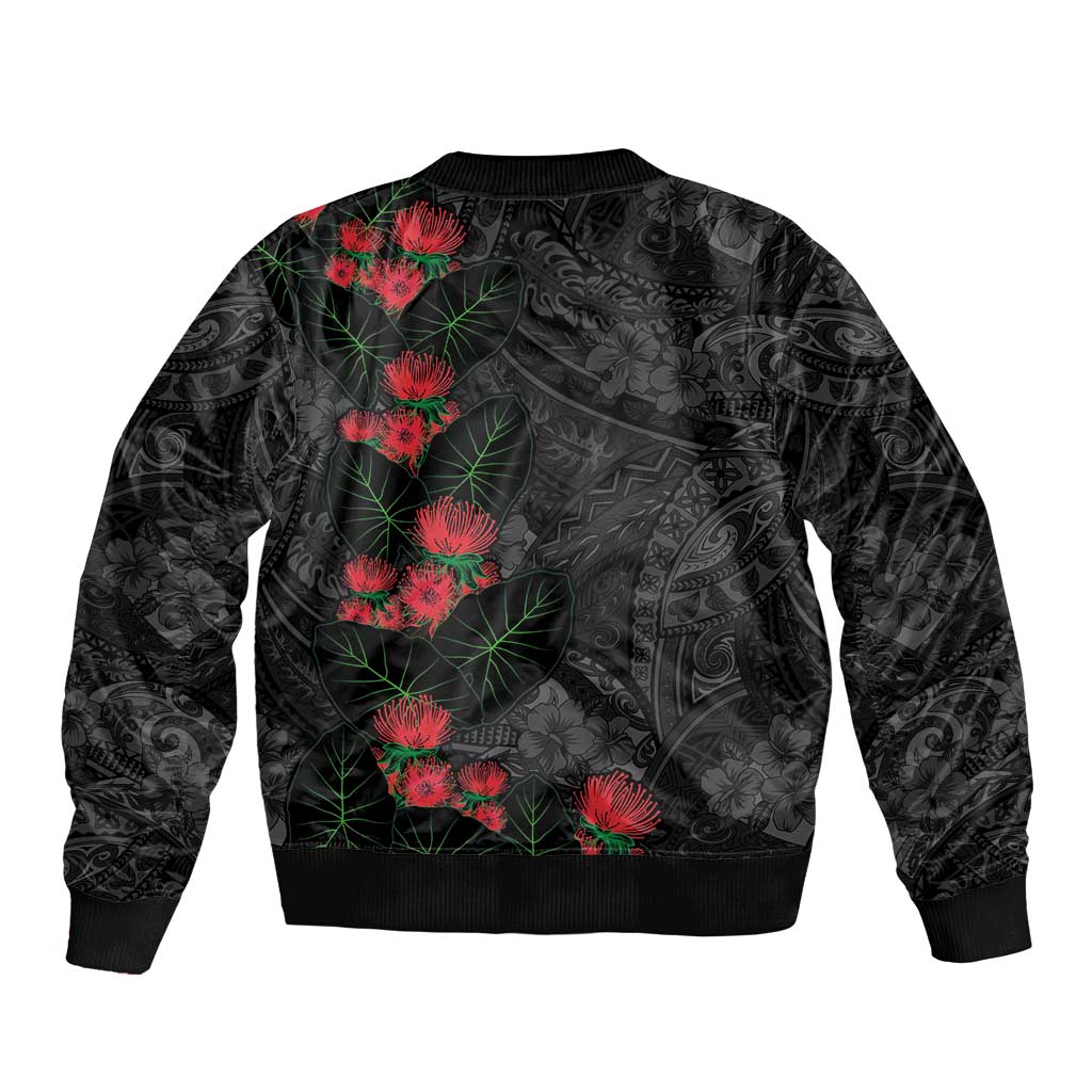 Hawaiian Taro Leaves and Ohia Lehua Sleeve Zip Bomber Jacket Polynesian Tribal Art Tropical Plants Motifs Grayscale LT03 - Polynesian Pride