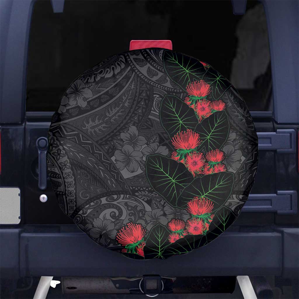 Hawaiian Taro Leaves and Ohia Lehua Spare Tire Cover Polynesian Tribal Art Tropical Plants Motifs Grayscale