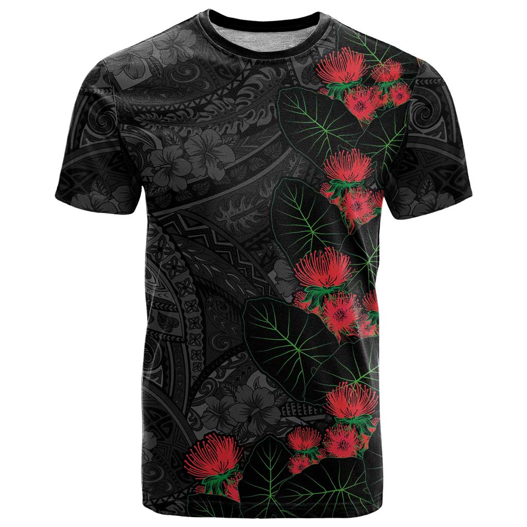 Hawaiian Taro Leaves and Ohia Lehua T Shirt Polynesian Tribal Art Tropical Plants Motifs Grayscale