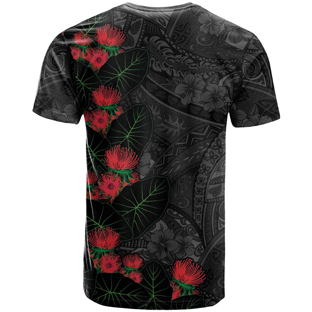 Hawaiian Taro Leaves and Ohia Lehua T Shirt Polynesian Tribal Art Tropical Plants Motifs Grayscale