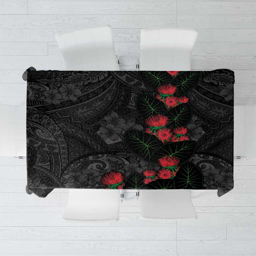 Hawaiian Taro Leaves and Ohia Lehua Tablecloth Polynesian Tribal Art Tropical Plants Motifs Grayscale