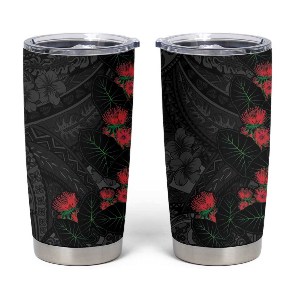 Hawaiian Taro Leaves and Ohia Lehua Tumbler Cup Polynesian Tribal Art Tropical Plants Motifs Grayscale