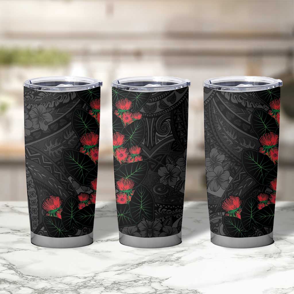 Hawaiian Taro Leaves and Ohia Lehua Tumbler Cup Polynesian Tribal Art Tropical Plants Motifs Grayscale