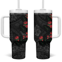 Hawaiian Taro Leaves and Ohia Lehua Tumbler With Handle Polynesian Tribal Art Tropical Plants Motifs Grayscale