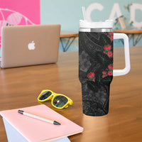 Hawaiian Taro Leaves and Ohia Lehua Tumbler With Handle Polynesian Tribal Art Tropical Plants Motifs Grayscale