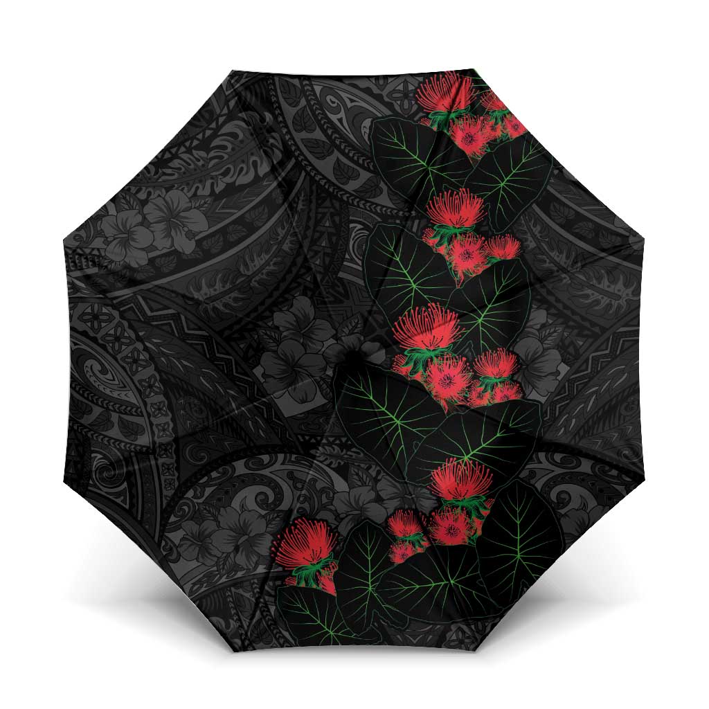 Hawaiian Taro Leaves and Ohia Lehua Umbrella Polynesian Tribal Art Tropical Plants Motifs Grayscale