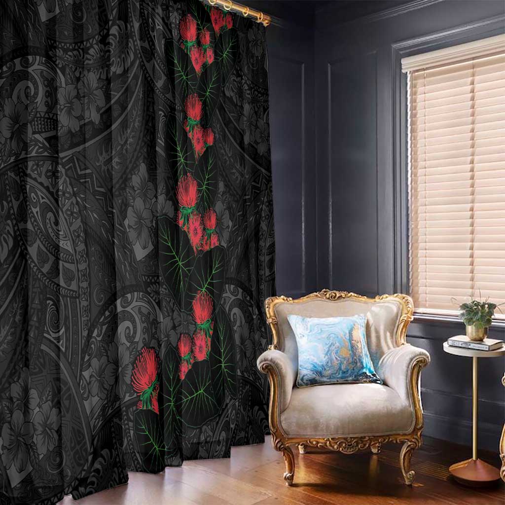 Hawaiian Taro Leaves and Ohia Lehua Window Curtain Polynesian Tribal Art Tropical Plants Motifs Grayscale