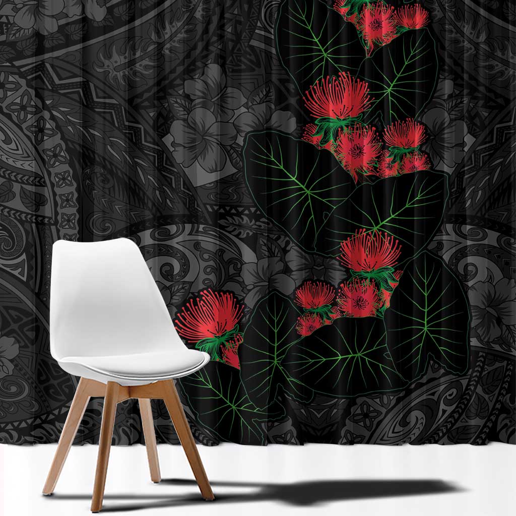 Hawaiian Taro Leaves and Ohia Lehua Window Curtain Polynesian Tribal Art Tropical Plants Motifs Grayscale