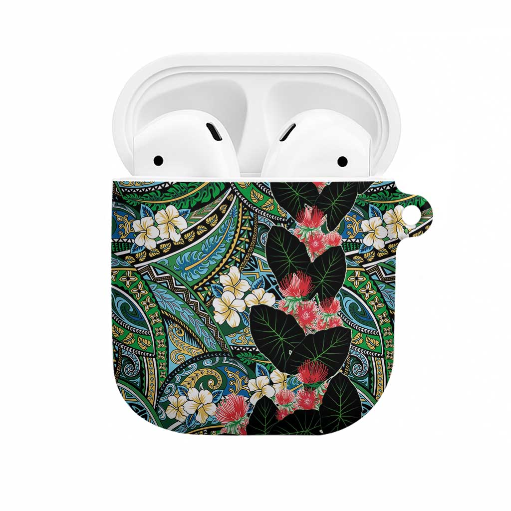 Hawaiian Taro Leaves and Ohia Lehua AirPods Case Polynesian Tribal Art Tropical Plants Motifs Colorful