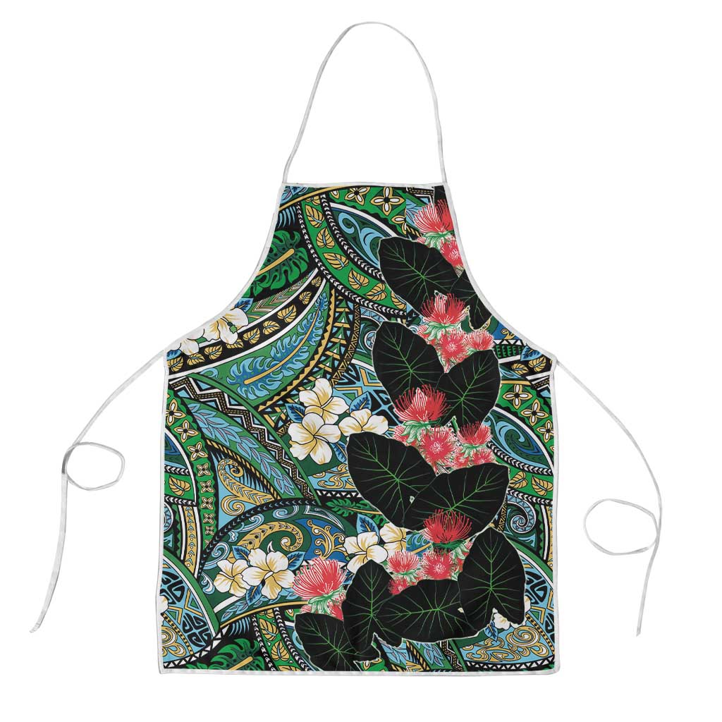 Hawaiian Taro Leaves and Ohia Lehua Apron Polynesian Tribal Art Tropical Plants Motifs Colorful