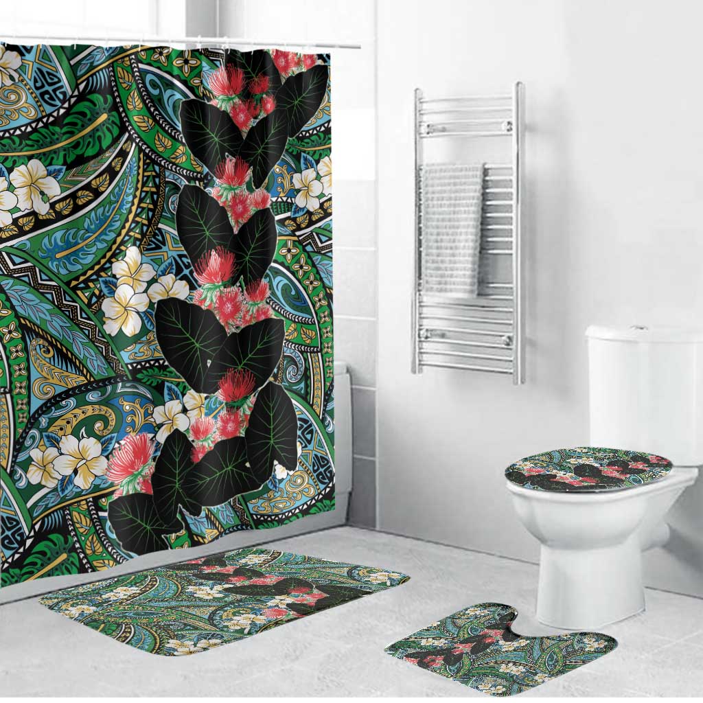 Hawaiian Taro Leaves and Ohia Lehua Bathroom Set Polynesian Tribal Art Tropical Plants Motifs Colorful