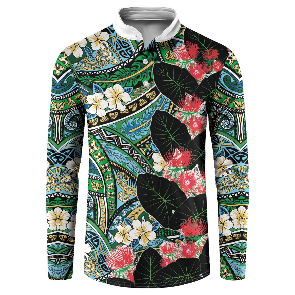 Hawaiian Taro Leaves and Ohia Lehua Button Sweatshirt Polynesian Tribal Art Tropical Plants Motifs Colorful