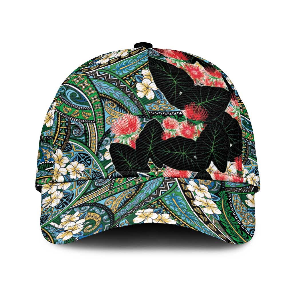 Hawaiian Taro Leaves and Ohia Lehua Classic Cap Polynesian Tribal Art Tropical Plants Motifs Colorful