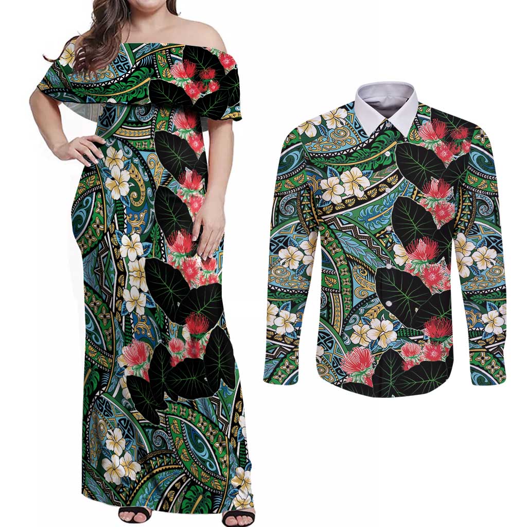 Hawaiian Taro Leaves and Ohia Lehua Couples Matching Off Shoulder Maxi Dress and Long Sleeve Button Shirt Polynesian Tribal Art Tropical Plants Motifs Colorful