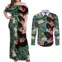 Hawaiian Taro Leaves and Ohia Lehua Couples Matching Off Shoulder Maxi Dress and Long Sleeve Button Shirt Polynesian Tribal Art Tropical Plants Motifs Colorful