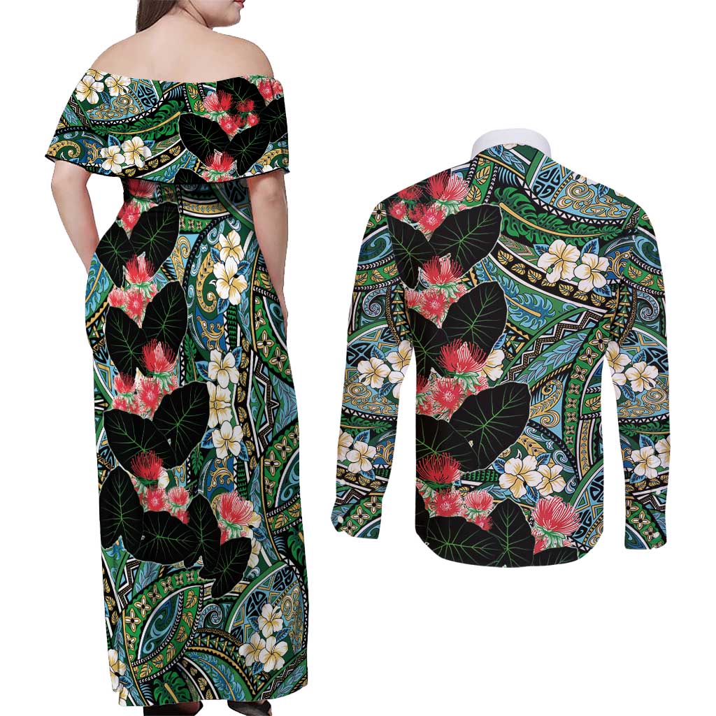 Hawaiian Taro Leaves and Ohia Lehua Couples Matching Off Shoulder Maxi Dress and Long Sleeve Button Shirt Polynesian Tribal Art Tropical Plants Motifs Colorful