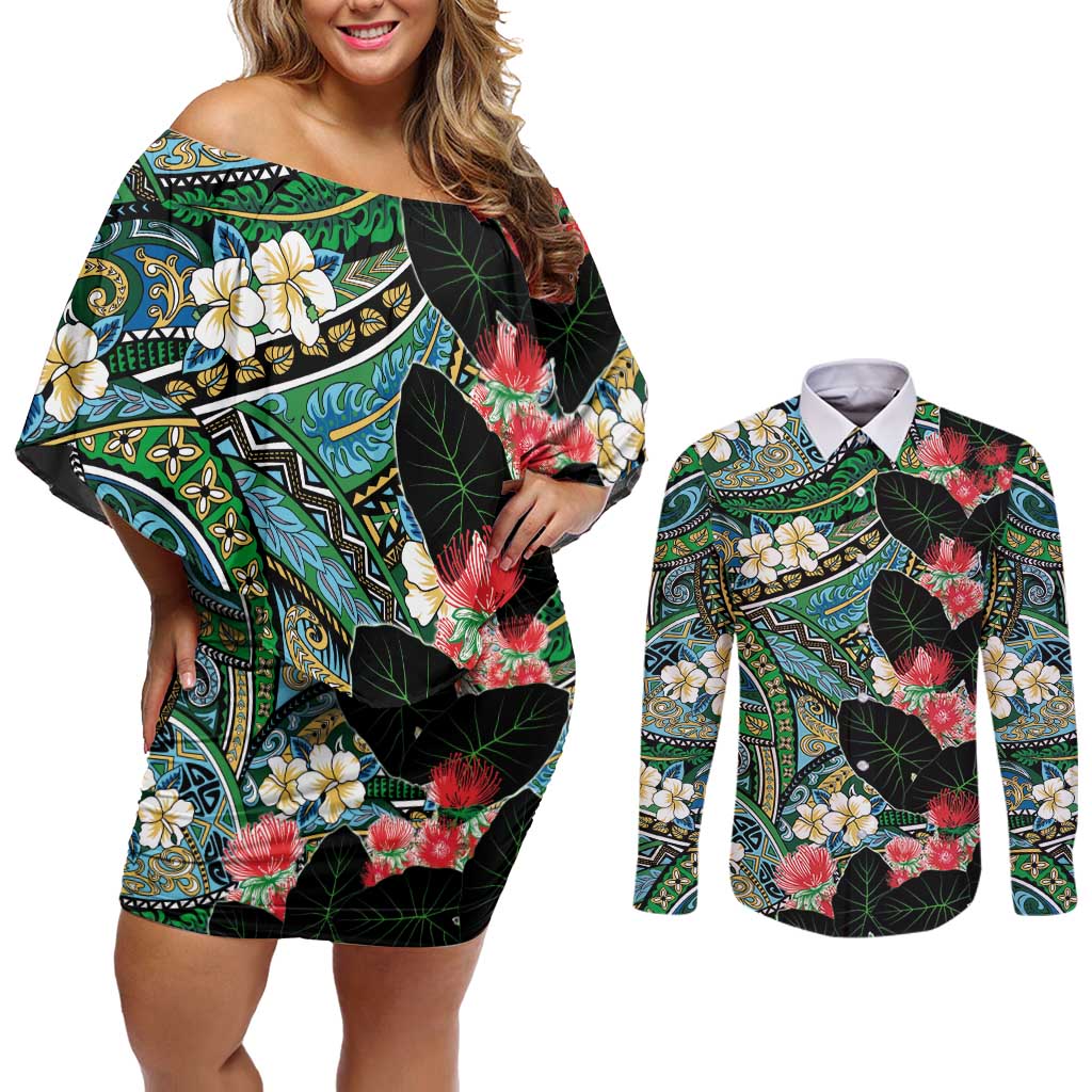 Hawaiian Taro Leaves and Ohia Lehua Couples Matching Off Shoulder Short Dress and Long Sleeve Button Shirt Polynesian Tribal Art Tropical Plants Motifs Colorful