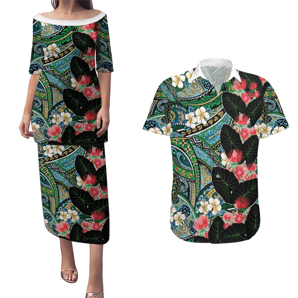 Hawaiian Taro Leaves and Ohia Lehua Couples Matching Puletasi and Hawaiian Shirt Polynesian Tribal Art Tropical Plants Motifs Colorful