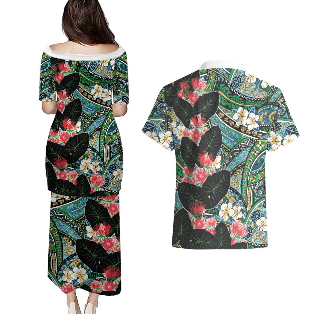 Hawaiian Taro Leaves and Ohia Lehua Couples Matching Puletasi and Hawaiian Shirt Polynesian Tribal Art Tropical Plants Motifs Colorful