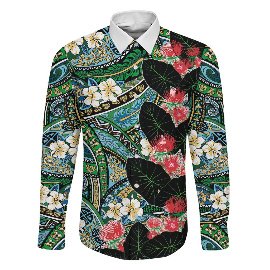 Hawaiian Taro Leaves and Ohia Lehua Family Matching Mermaid Dress and Hawaiian Shirt Polynesian Tribal Art Tropical Plants Motifs Colorful LT03 Dad's Shirt - Long Sleeve Multicolor - Polynesian Pride