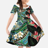 Hawaiian Taro Leaves and Ohia Lehua Family Matching Off The Shoulder Long Sleeve Dress and Hawaiian Shirt Polynesian Tribal Art Tropical Plants Motifs Colorful LT03 Daughter's Dress Multicolor - Polynesian Pride