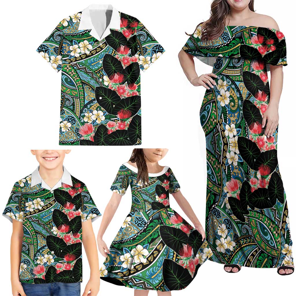 Hawaiian Taro Leaves and Ohia Lehua Family Matching Off Shoulder Maxi Dress and Hawaiian Shirt Polynesian Tribal Art Tropical Plants Motifs Colorful